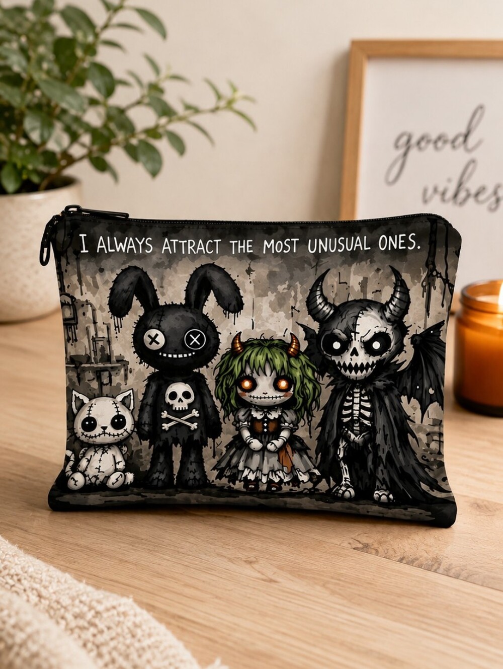 NEW Dark Gothic Creepy Black Cute Makeup Bag Cosmetic SZ 10" x 6.5"